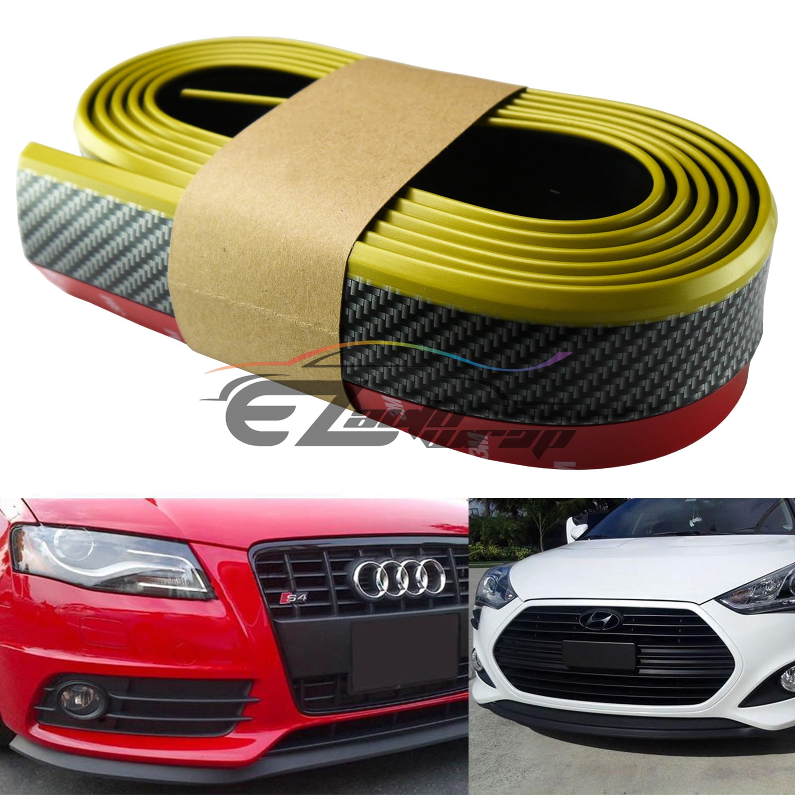 EZAUTOWRAP Universal Carbon Fiber Gold / Black 8ft PU Rubber Front Bumper Lip Splitter Spoiler