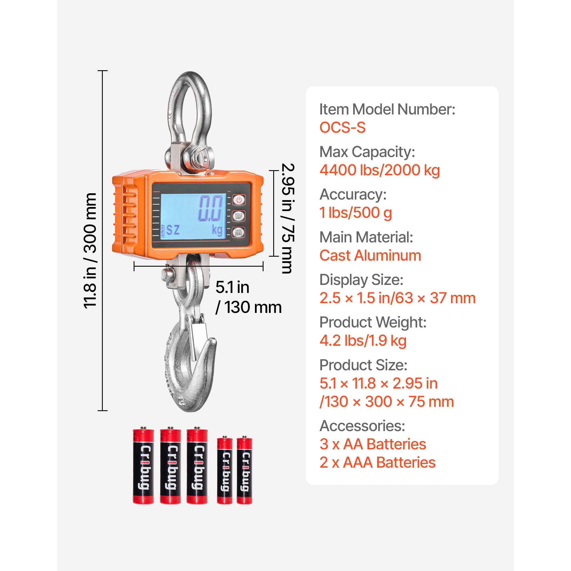 KFFKFF Digital Crane Scale, 4400 lbs/2000 kg Capacity, Industrial Hanging Scale with Durable Aluminum Case & LCD Display, 1 lb Precision, 3 Unit Options, Remote Control for Workshop or Factory Use