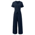 thumbnail image 4 of IWRICH Women's Linen 2 Piece Outfits Summer Short Sleeve V Neck Shirts Dressy Casual Sets Wide Leg Pant Suits Navy L, 4 of 9