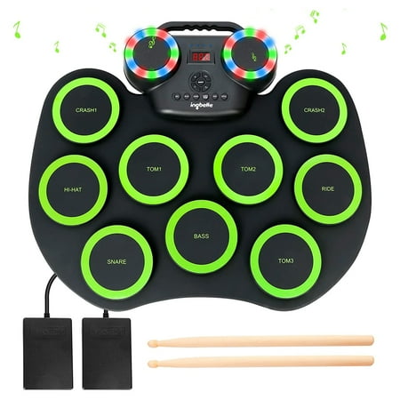 PAXCESS 9 Pad Roll-Up Electronic Drum Set with Pedals, Speaker, and Lights