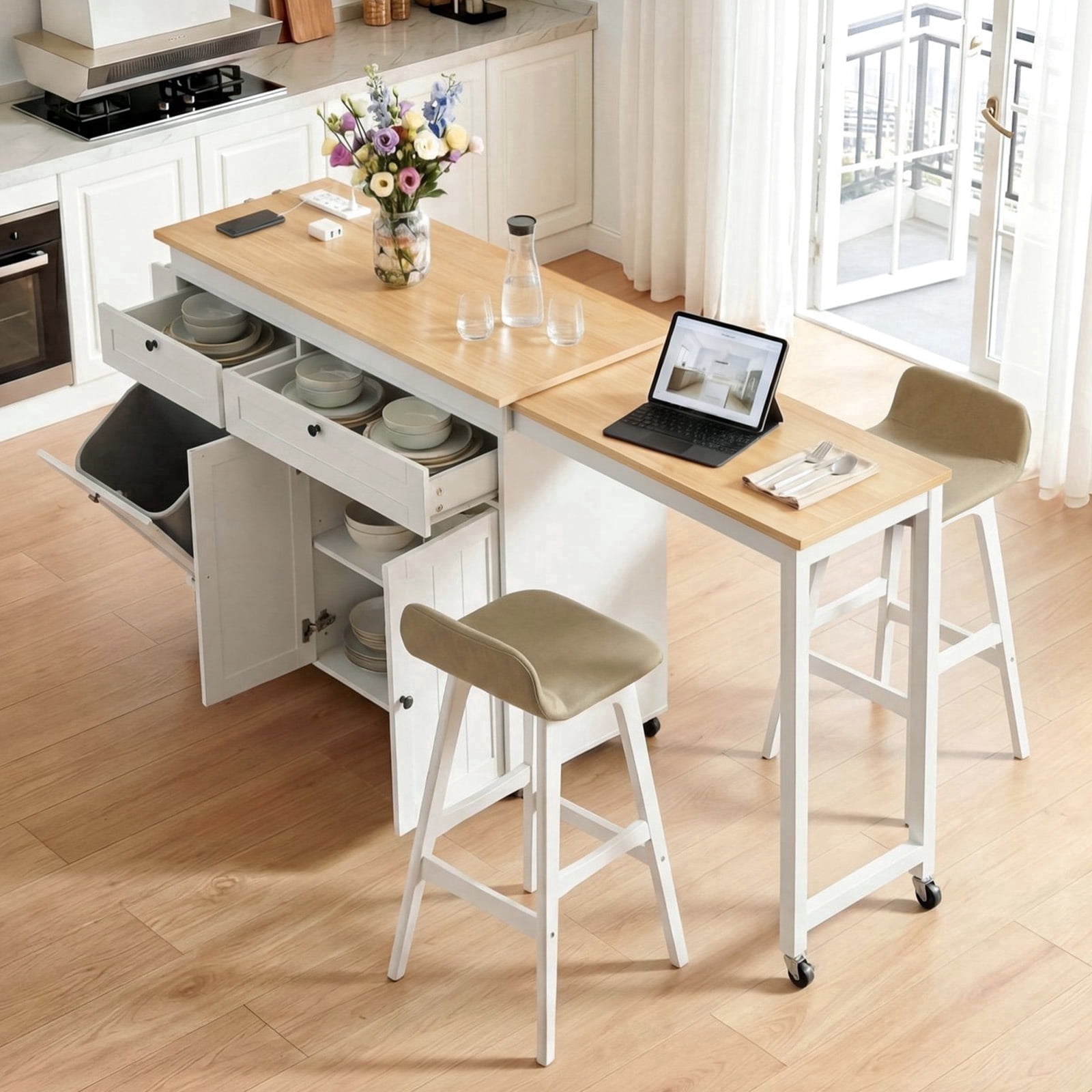 ROGALIS Rolling Kitchen Cart w/Extendable Dining Table, 81.7" Mobile Kitchen Storage Islands w/Trash Cabinet, Power Outlet, Spice Rack & Towel Rack, White
