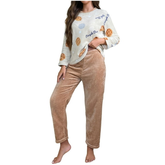 Guluxicc Flannel Lounge Sets for Women Long Sleeve Graphic Tops and Fleece Pants Pullover Pajamas Sleepwear Pjs Set Outfits, Brown, L