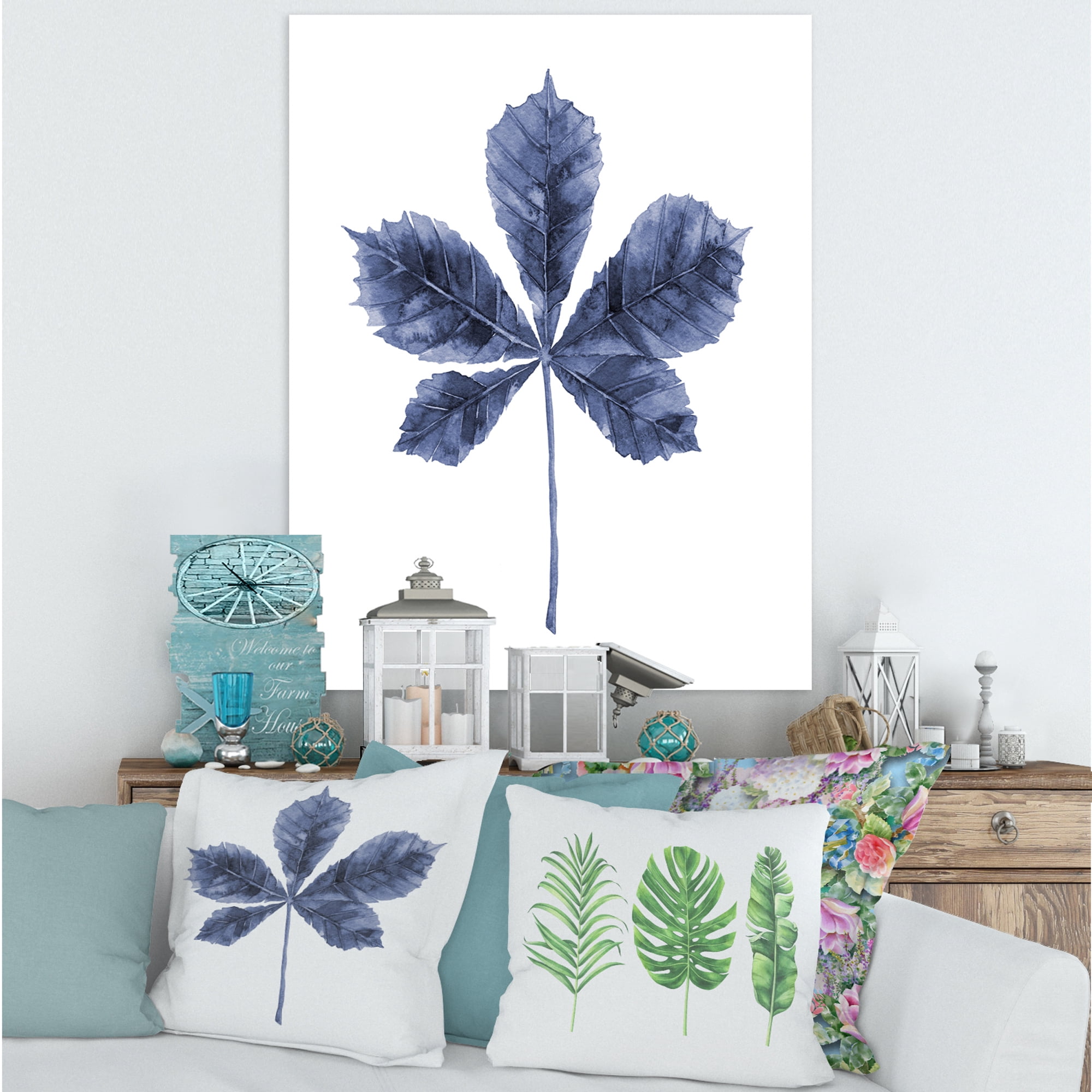 Designart ' Navy Blue Chestnut Leaf On White ' Traditional Canvas Wall Art Print