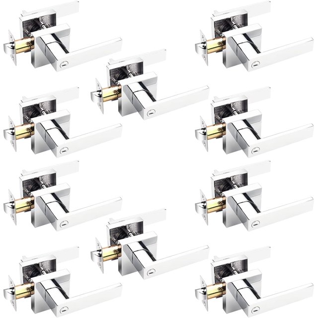 Square Privacy Door Levers Keyless Chrome Door Handle Indoor Door Handles Interior Bed/Bath Door Lever Handleset Reversible for Left Right Sided Doors