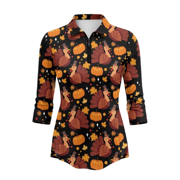 Jiueut Thanksgiving Turkeys Tennis Shirt, Quarter Zip Quick Dry Athletic Tops Relaxed Long Sleeve Golf Polo Shirts, Size Small