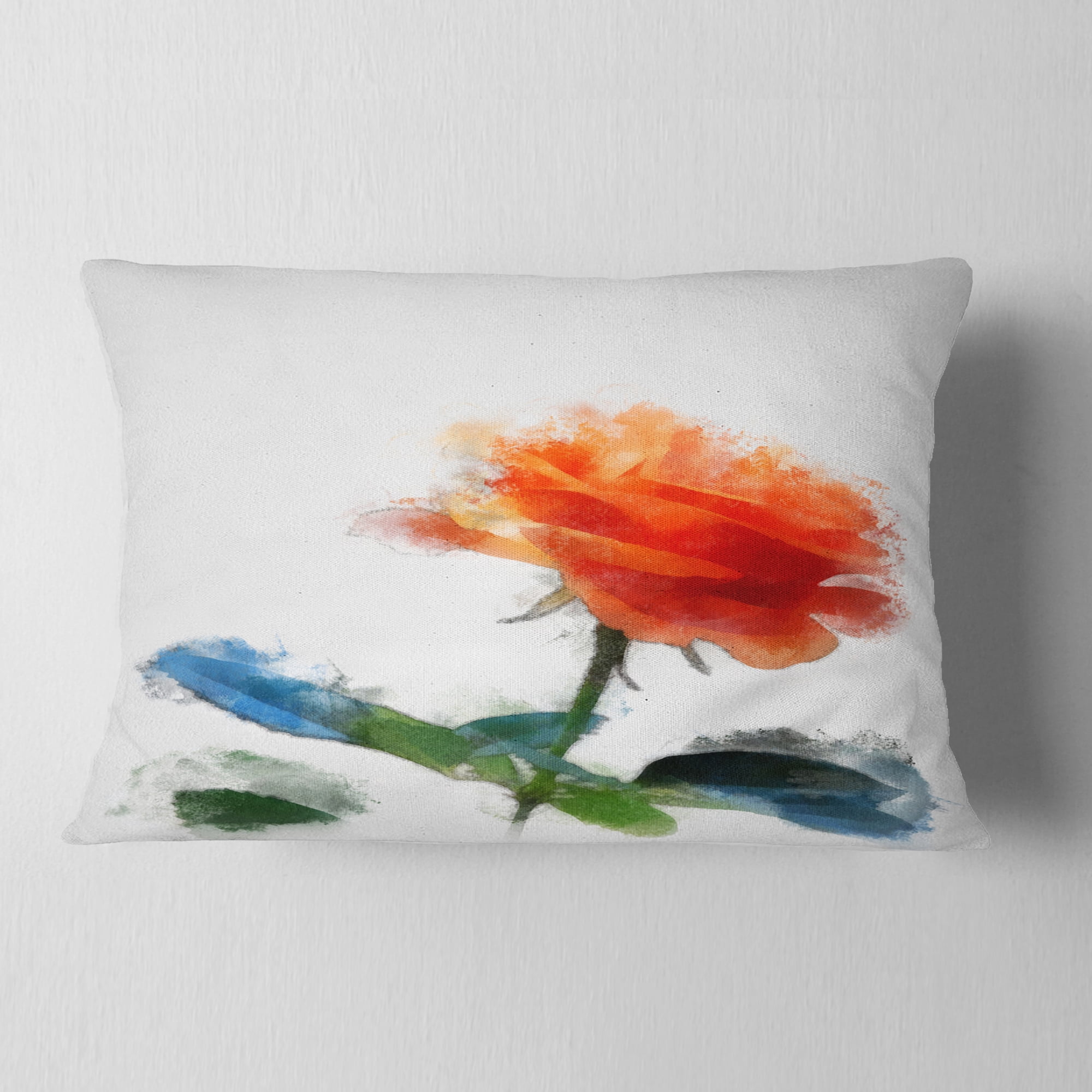 Designart Orange Rose Flower with Splashes - Floral Throw Pillow - 12x20