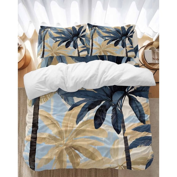 Palm Trees Bedding Duvet Cover Set Queen Size 4 Pieces Vintage Watercolor Tree Soft Twill Plush Quilt Cover, Include 1 Duvet Cover 1 Flat Sheet And 2 Pillow
