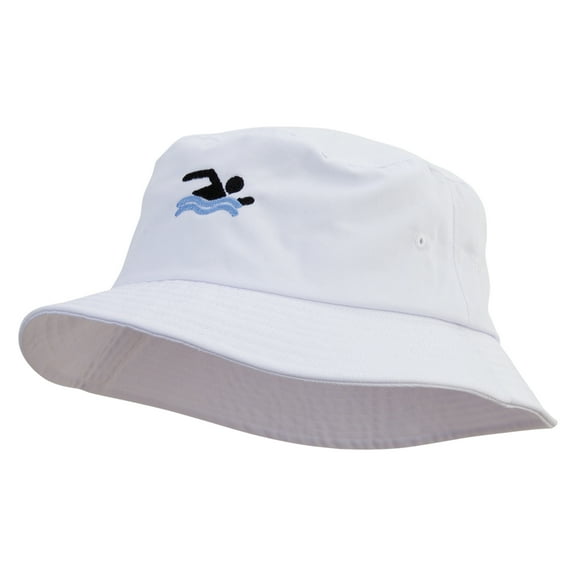 Simple Swimming Icon Embroidered Big Size Cotton Blend Twill Bucket Hat - White XL-2XL