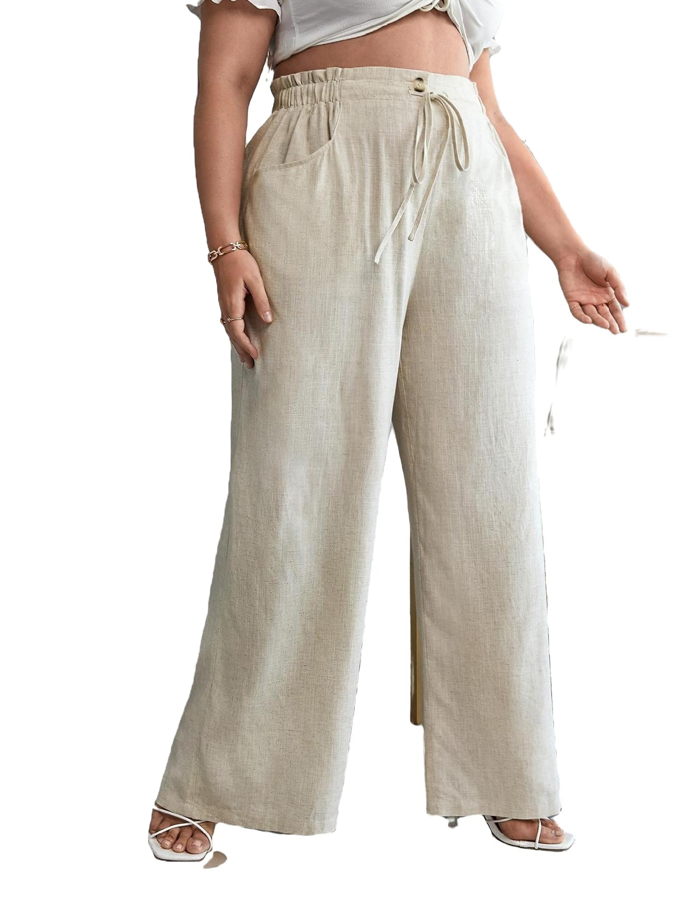 Casual Solid Wide Leg Beige Plus Size Pants (Women's) - Walmart.com