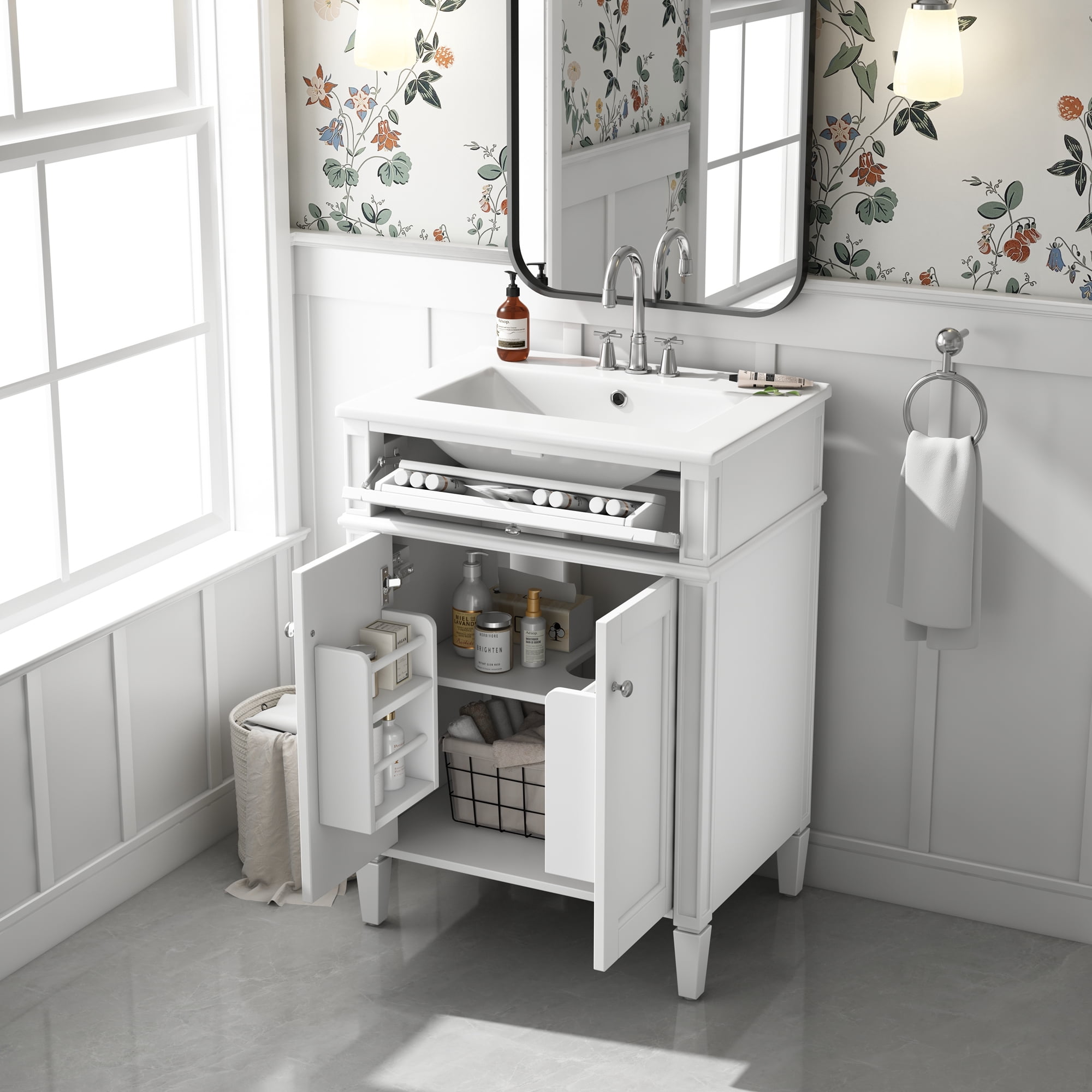 Euroco 24" Bathroom Vanity with 2 Doors and Tip-Out Drawer, Bathroom Storage Cabinet with Sink, Soft-Closing Doors with Organizers