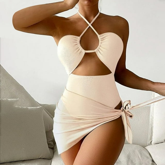 Traje de baño de 2 piezas para mujer, trajes de baño para mujer, bikini liso con tirantes y abertura en V, conjunto de traje de baño de tres piezas para mujer
