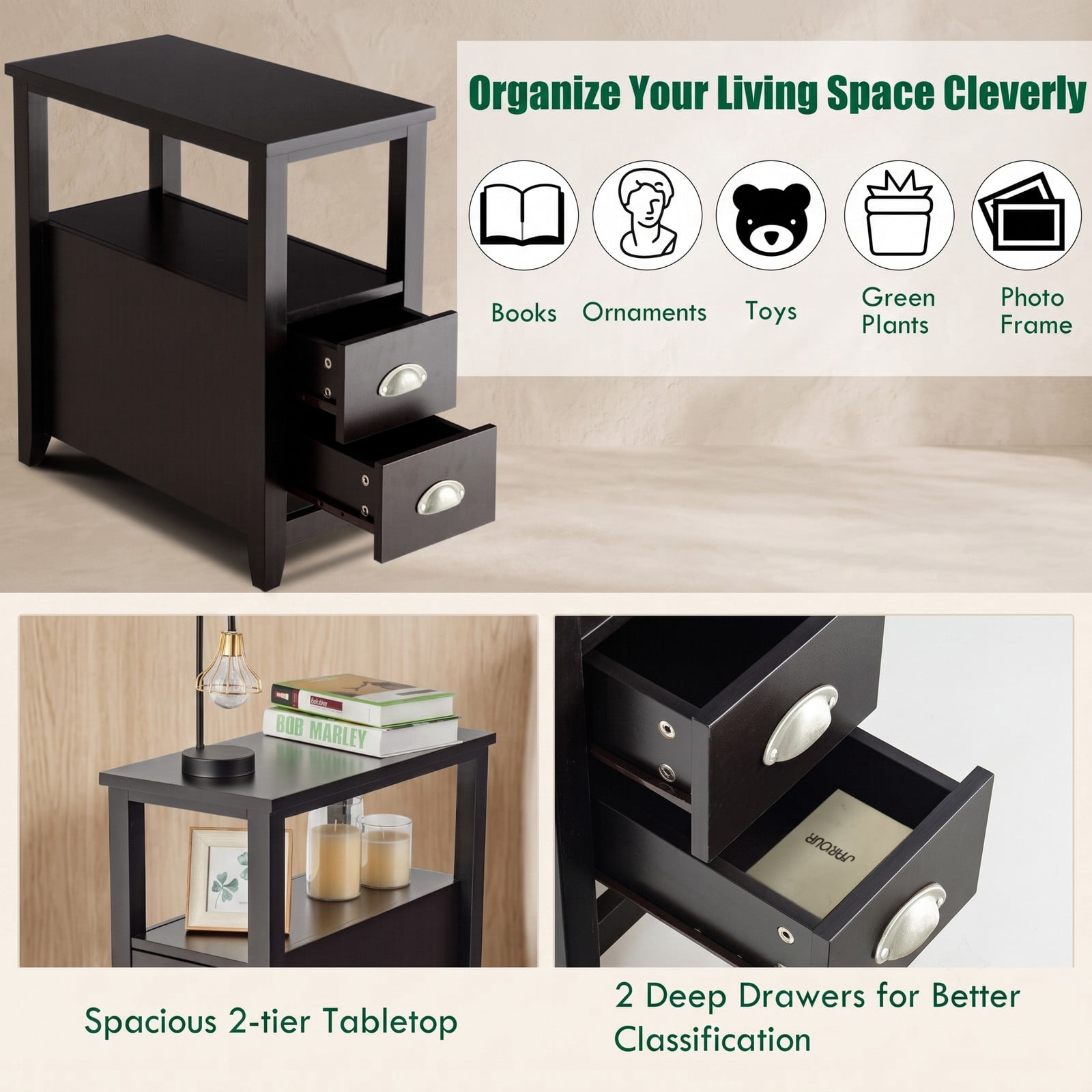 Furnibear Set of 2 Narrow Nightstands with 2 Drawers and Open Shelf Wooden Bedside End Tables for the Bedroom, Dark Brown