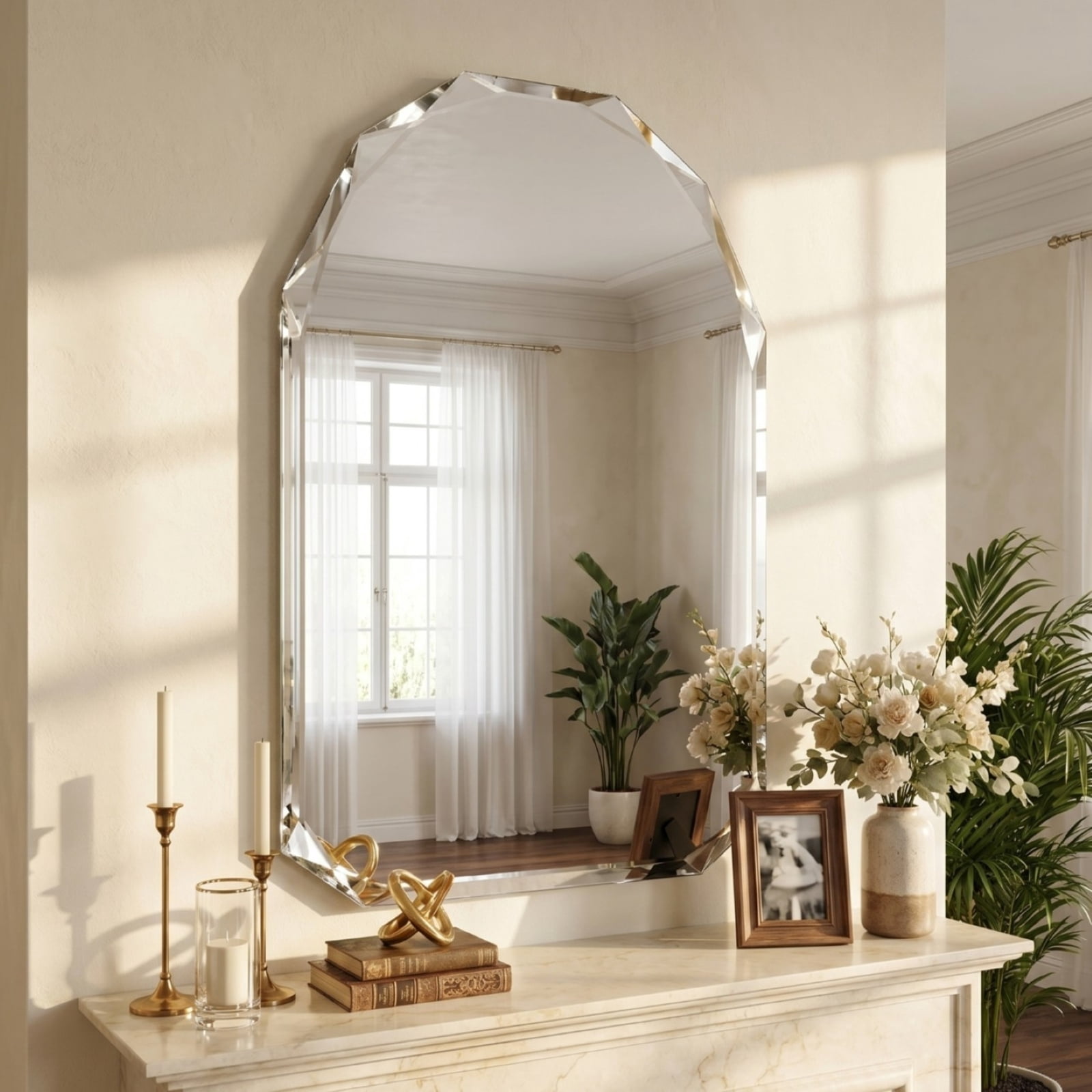 Gleamira 30"x40" Frameless Arched Bathroom Mirror Beveled Diamond Edge Wall Mirror Vanity Decorative Mirror