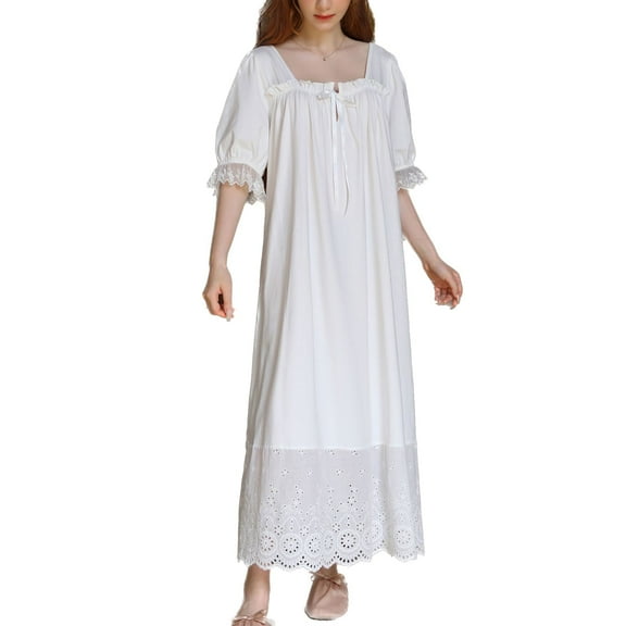 Defitshape Women's Cotton Victorian Nightgown Frilly Lace Long Pajama Dress Short Sleeve Vintage Square Neck Soft Spring Lightweight Full Length Sleep Lounge Dress Summer Sleepwear White Medium