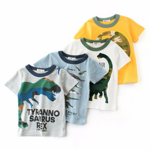 RTKFRFLM Boys Fashionable Graphic Tee Short Sleeve Camo Dinosaur Print T-Shirt White 5-6 Years