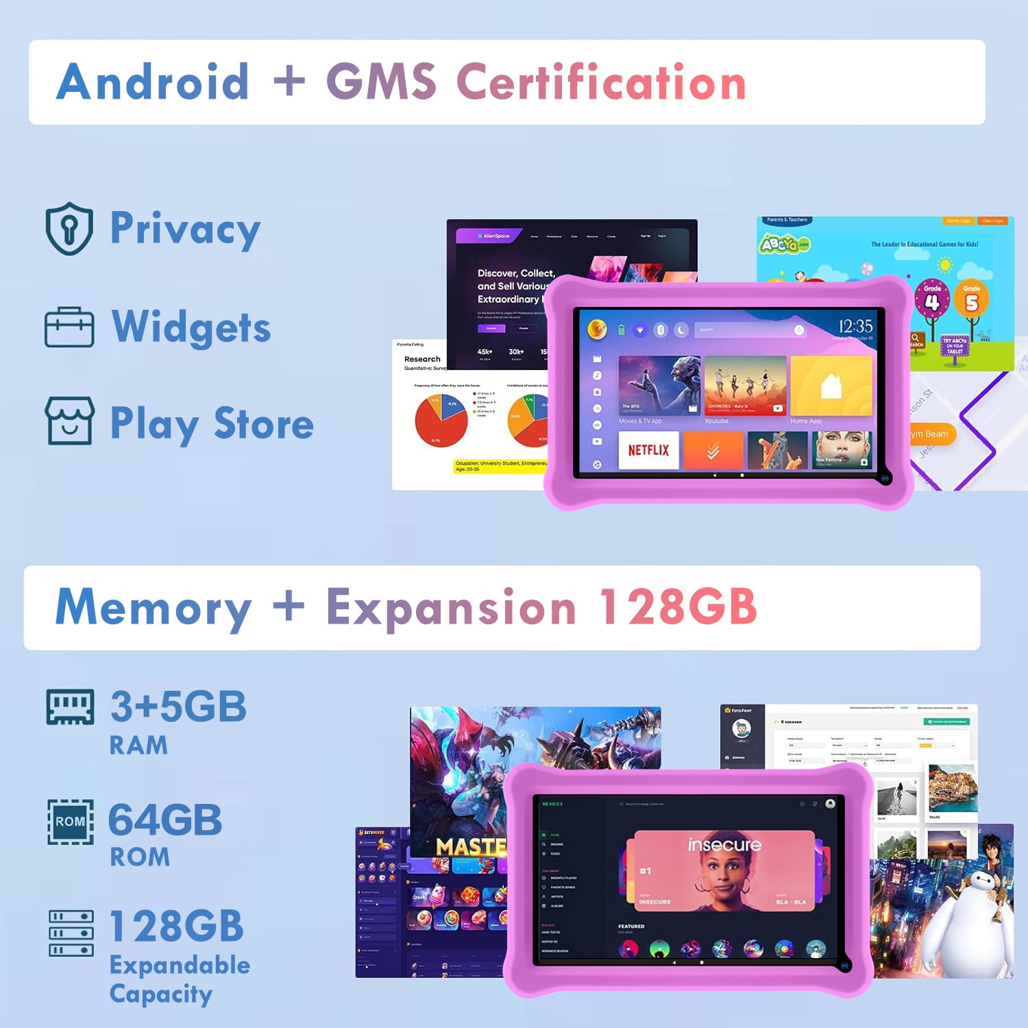 niuniutab Kids Tablet,7 inch Android for Kids, 3+5GB RAM 64GB ROM, 1024x600 IPS HD Touchscreen, Tablet with Parental Control, WiFi, Bluetooth,Quad-core(Purple)