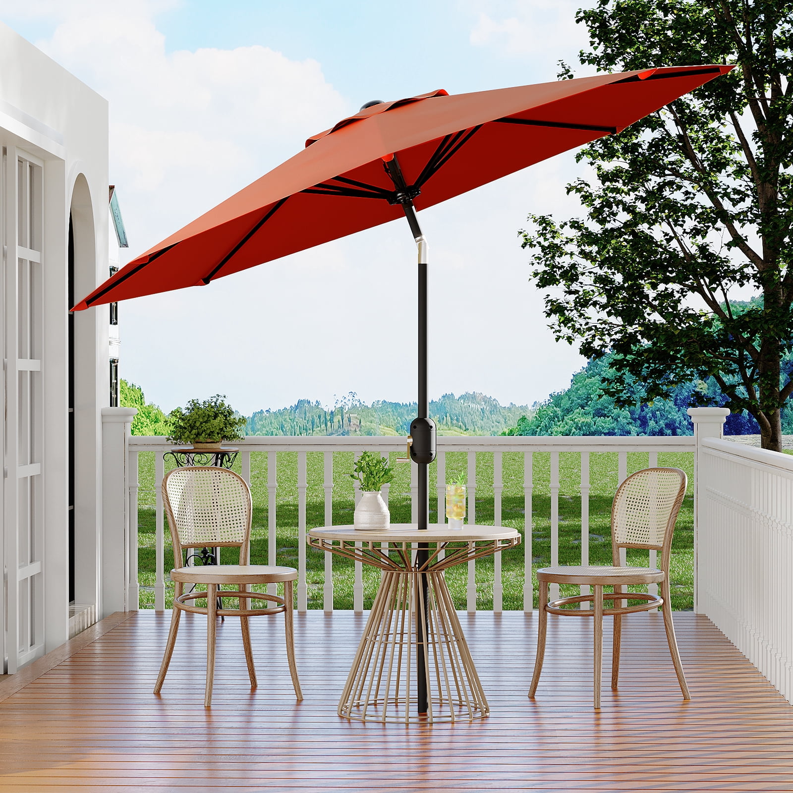 10FT Patio Umbrella Outdoor Market Sun Parasol – 8 Sturdy Ribs, 360° Adjustable Tilt & Crank, UV Protection, Waterproof, Table Shade for Deck, Pool, Garden, Camping