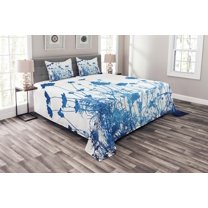 Ambesonne Blue White Quilted Bedspread Set 3 Pcs, Wildflowers Blooms, Queen Size, White Blue