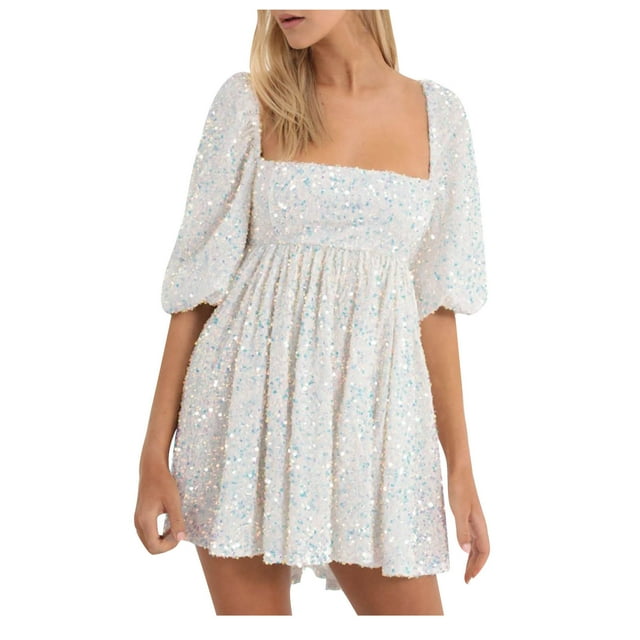 Fshaion Robe d'Été pour Femmes 2024 Grande Taille Solide Paillettes Décontractée Fête Danse Manches Courtes Robe Liquidation Moins de 10!
