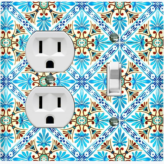Metal Light Switch Plate Cover Fancy Teal Tile Pattern TIL012