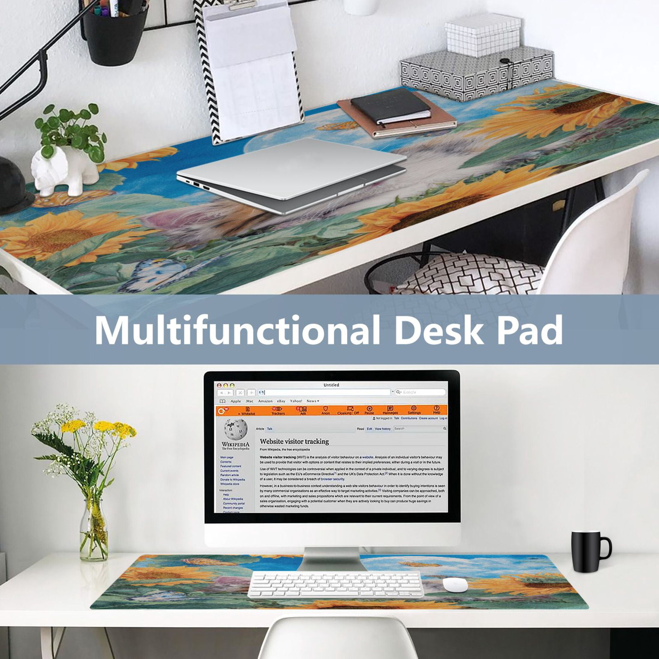 Leather Keyboard and Mouse Desk Mat Office Desk Accessories Protective Office Desk Decor Desk Pad Mat for Gaming, Work from Home, Office Playful Cat Lying Sunflowers 23.6" x 47.2"