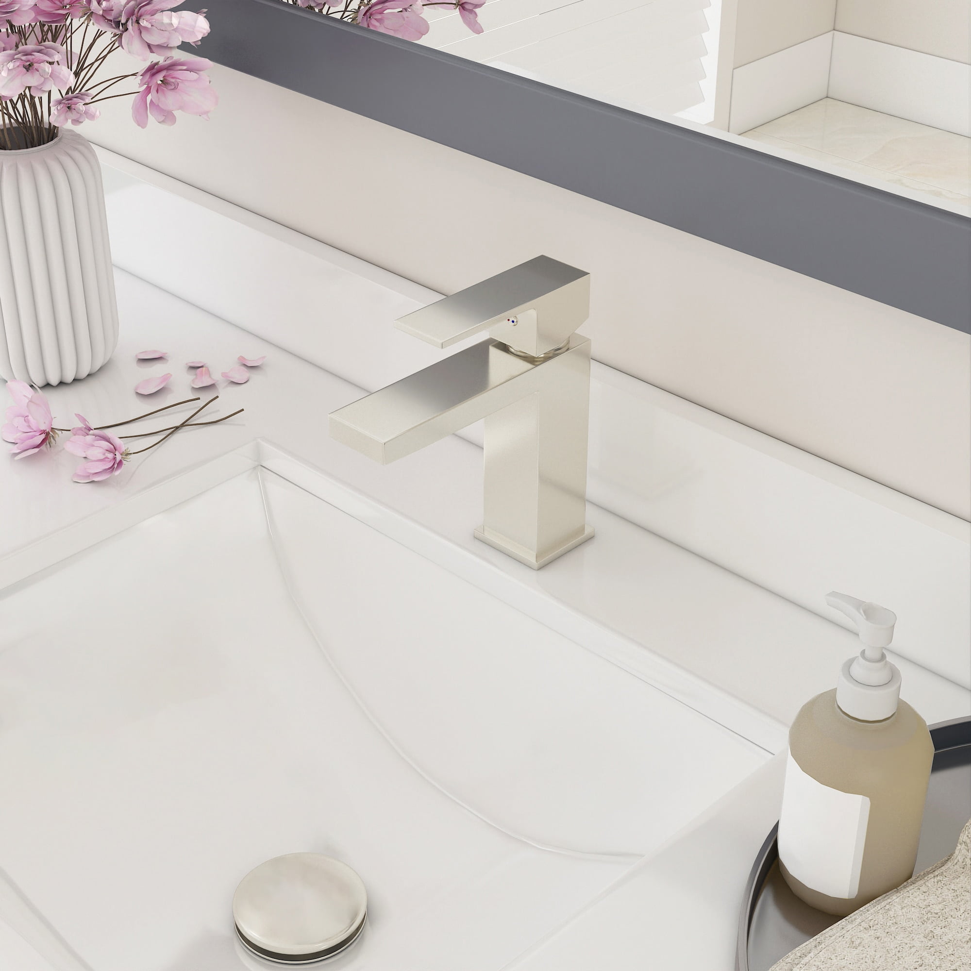 Ayna Decors Bathroom Sink Faucet Single Hole, Brass Single Handle Vanity Faucet with Pop Up Drain Stopper and Water Faucet Supply Lines (Brushed Nickel)