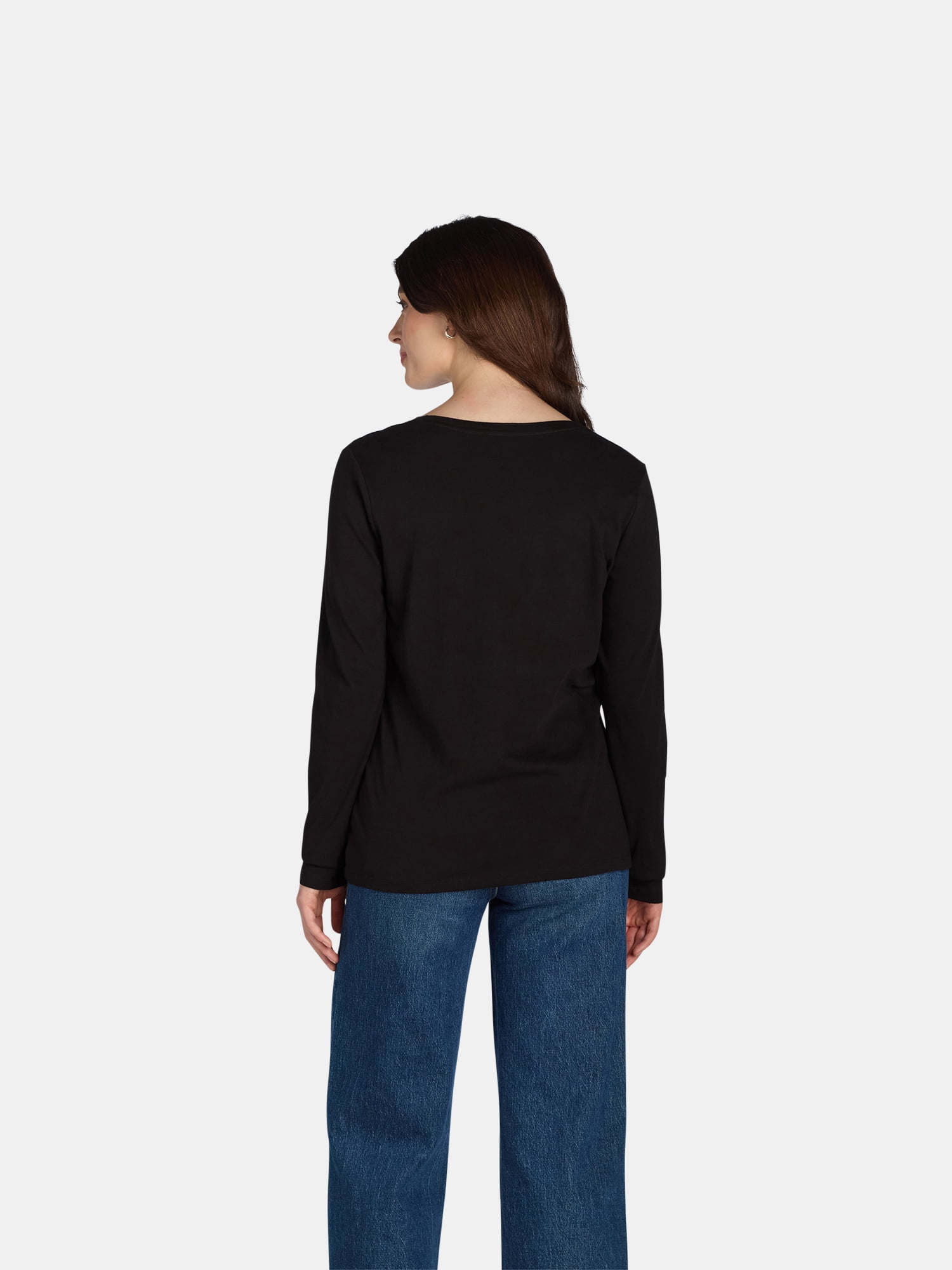 Time and Tru Women's Cotton Crewneck Tee with Long Sleeves, Single and 3 Pack, Sizes XS-XXXL