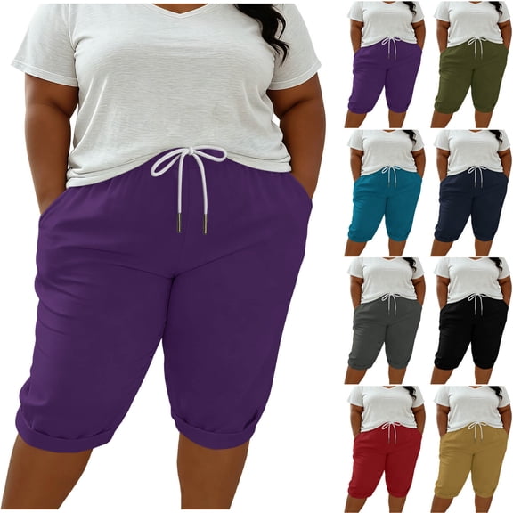 Women's Plus Size Knee Length Shorts, Faux Cotton Linen Cuffed Hem Shorts, Drawstring Fashion Summer Sports Bottoms L-5XL