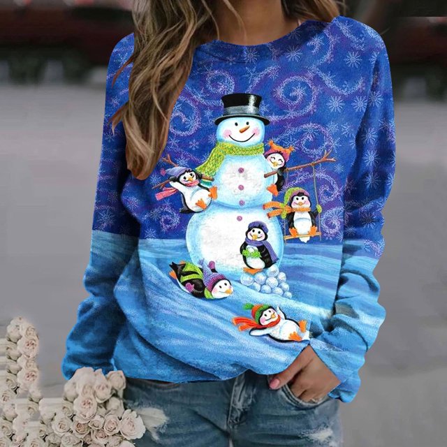 Qiopertar Mode Femmes Imprimé Col Rond Pull Tops Manches Longues Blouse Confortable Chandail en Molleton Offres de la Semaine Liquidation Moins de 5$ jusqu'à 90 % de Réduction