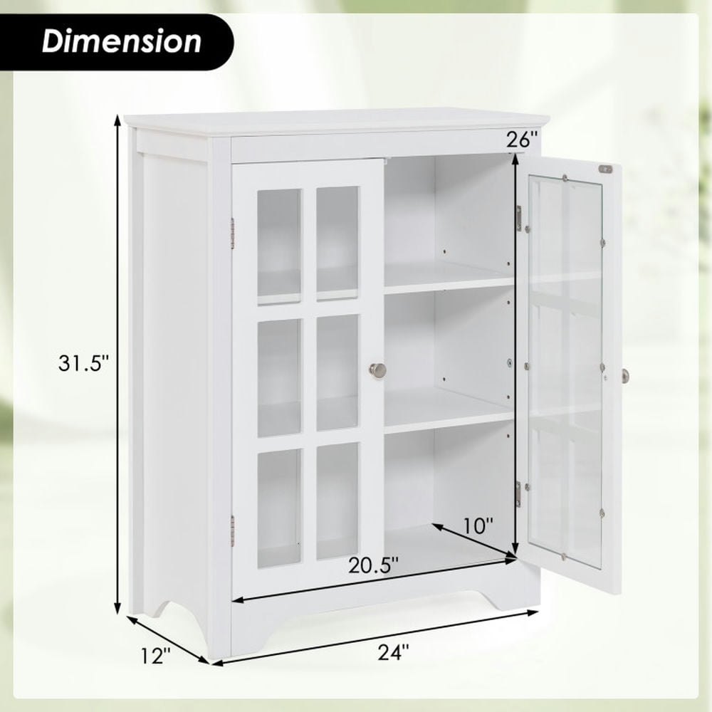 Finihen Storage Cabinet, Floor Cabinet, Freestanding Display Storage Cabinet with 2 Glass Doors and Adjustable Shelves, for Bathroom, Living Room, Bedroom, Kitchen, White