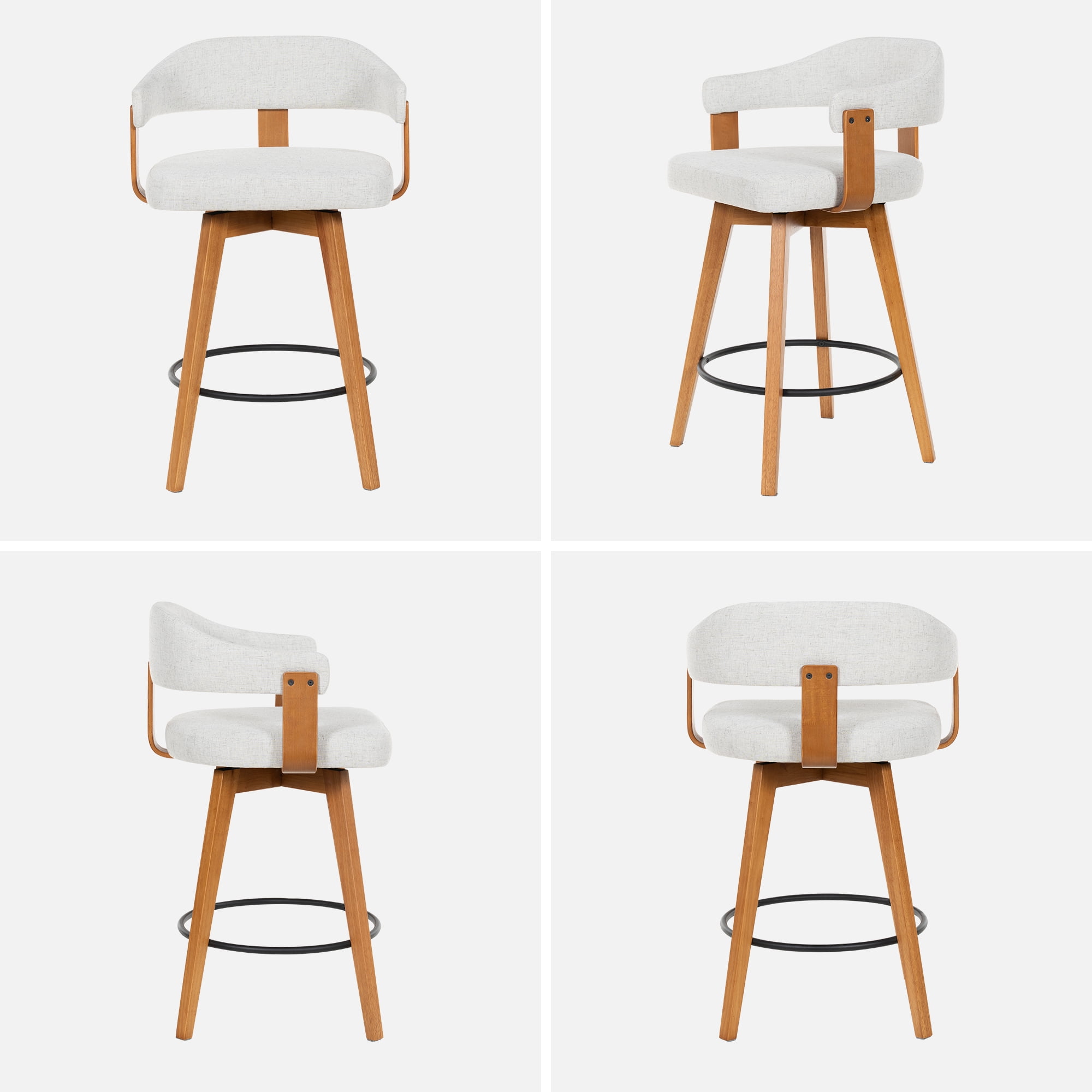 EYYTHUNG Swivel Bar Stools Set of 6, Modern Curved-Back 26-inch Counter Barstools with Armrests, Linen Upholstered Wooden Stools for Kitchen & Home Bar Seating, Beige