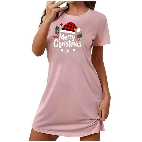 Censtreet Christmas Women's Nightgowns Short Sleeve Sleepshirts Sleepwear Casual Print Loose Pajama Dress