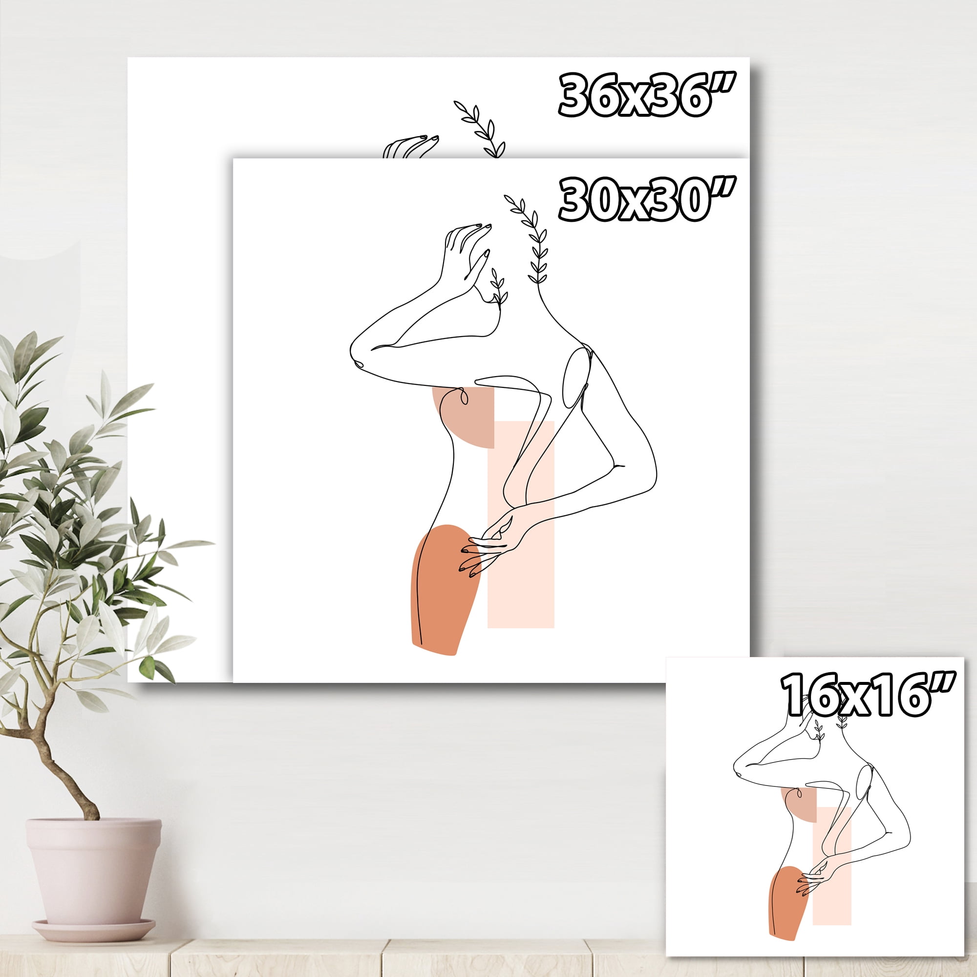 One Line Woman Portrait With Shapes and Leaves II 30 in x 30 in Painting Canvas Art Print, by Designart