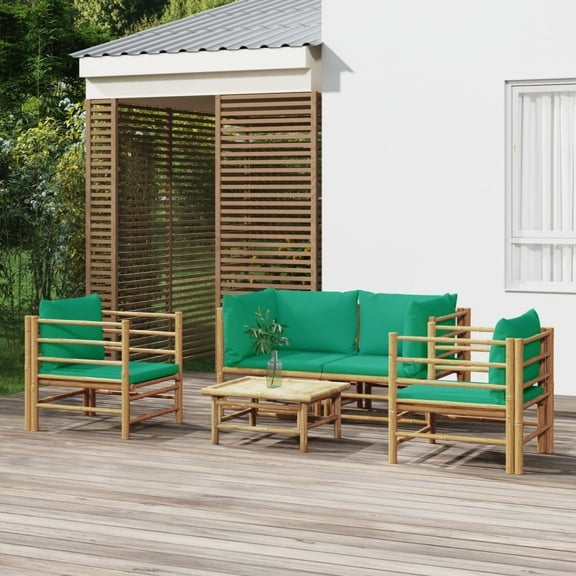 vidaXL 5 Piece Patio Lounge Set with Green Cushions Bamboo