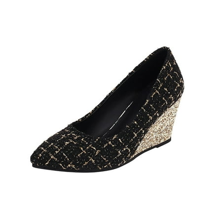 

Summer Savings Clearance! 2023 TUOBARR Flats Shoes for Womens Shoes Houndstooth Sequined Pointed Toe High Heel Thick Wedges Slip-on Fashion Casual Black
