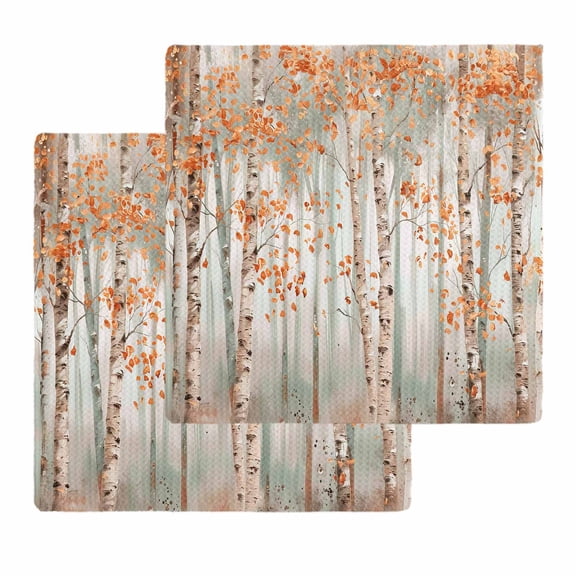 Orange Grey Forest Kitchen Dish Towels for Drying Dishes Set of 2, Grey Modern Art Oil Painting Waffle Weave Microfiber Hand Tea Bathroom Towels Quick Dry & Absorbent Towel 12x12