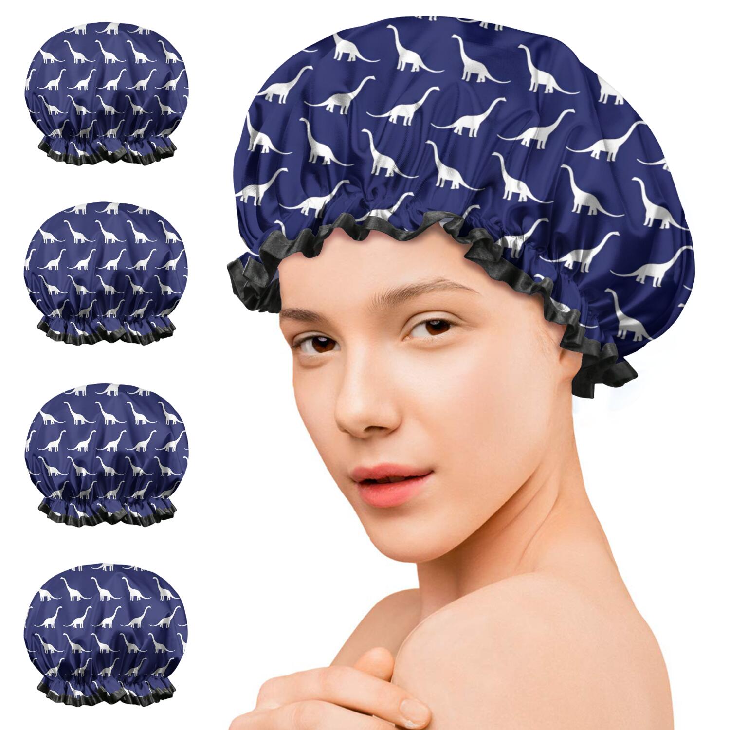 Shower Caps,DarkBlue White Dinosaurs Silhouettes Pattern Waterproof Shower Cap for Women 4 Pieces,Double Reusable Hair Cover for Shower PEVA Elastic Stretch Hem