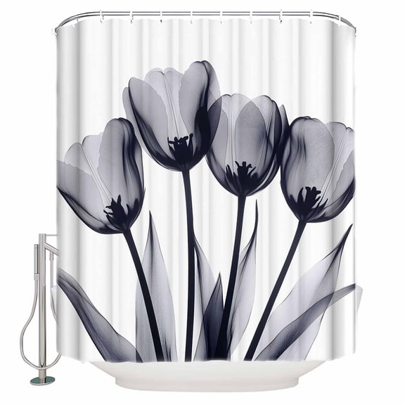 Extra Long Shower Curtain 72x96 Inch, Grey Tulip Shower Curtain Waterproof Bathroom Decor Farmhouse Elegant Flowers Botanical Fabric Bath Curtain Set Accessories with Hooks