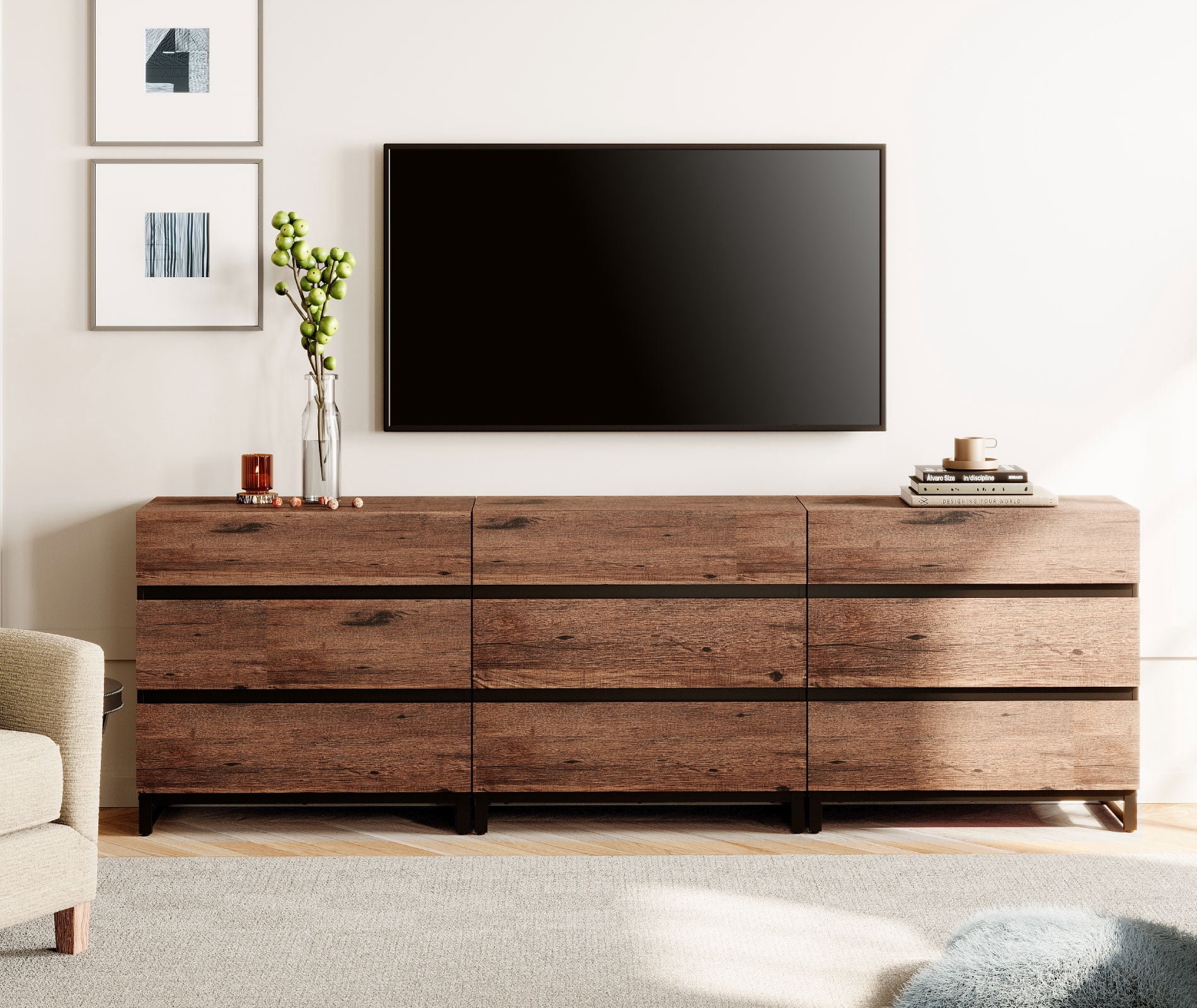 WAMPAT 9-Drawer Modern TV Stand with Concealed Handles & Metal Base,Entertainment Center for TVs up to 100 Inch, Media Console for Living Room & Bedroom