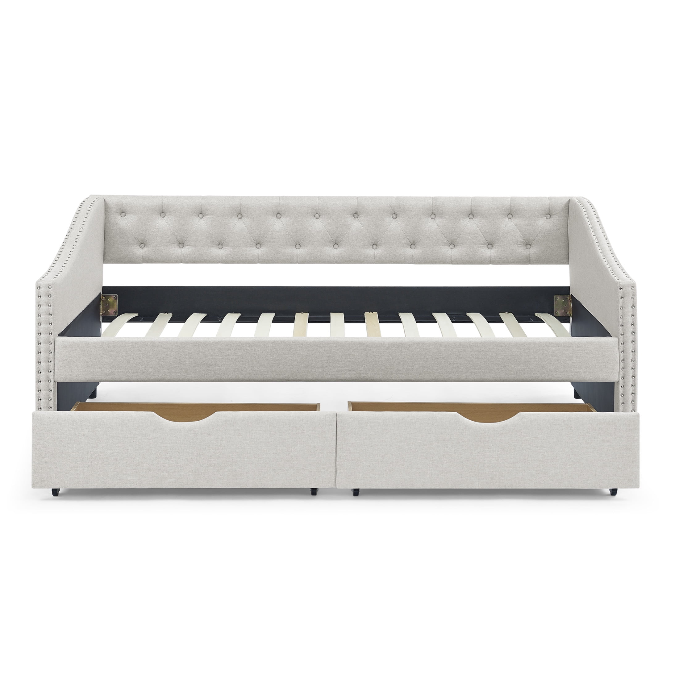 Noble House Twin Size Button Tufted Daybed, Linen Sofa Bed Frame with Storage Drawers and Nailhead Waved Arms, Beige