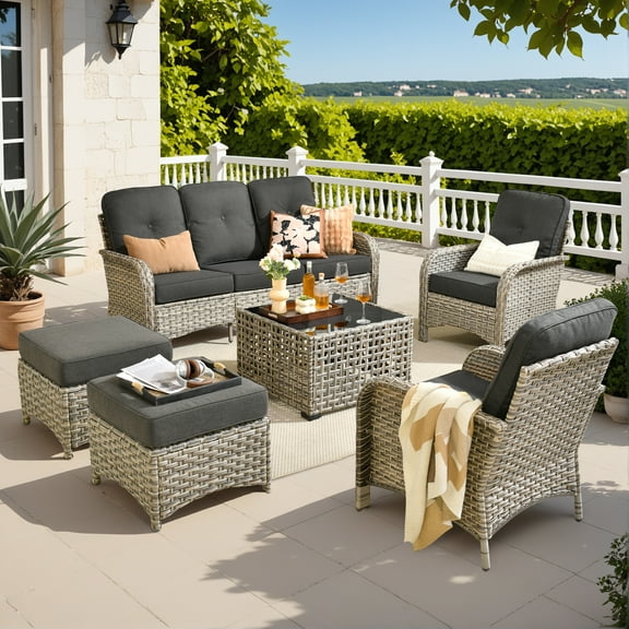 Vcatnet 6 Pieces Patio Furniture Sets with Coffee Table, Outdoor Wicker Rattan Sectional Sofa, All Weather Conversation Set with Ottoman, Black