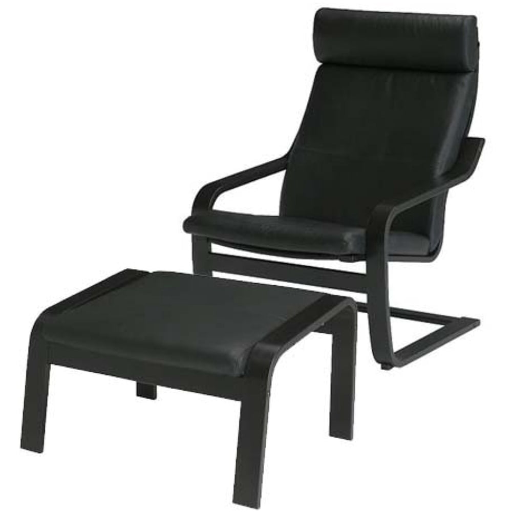 Ikea Poang Chair Armchair and Footstool Set with Black Leather Covers