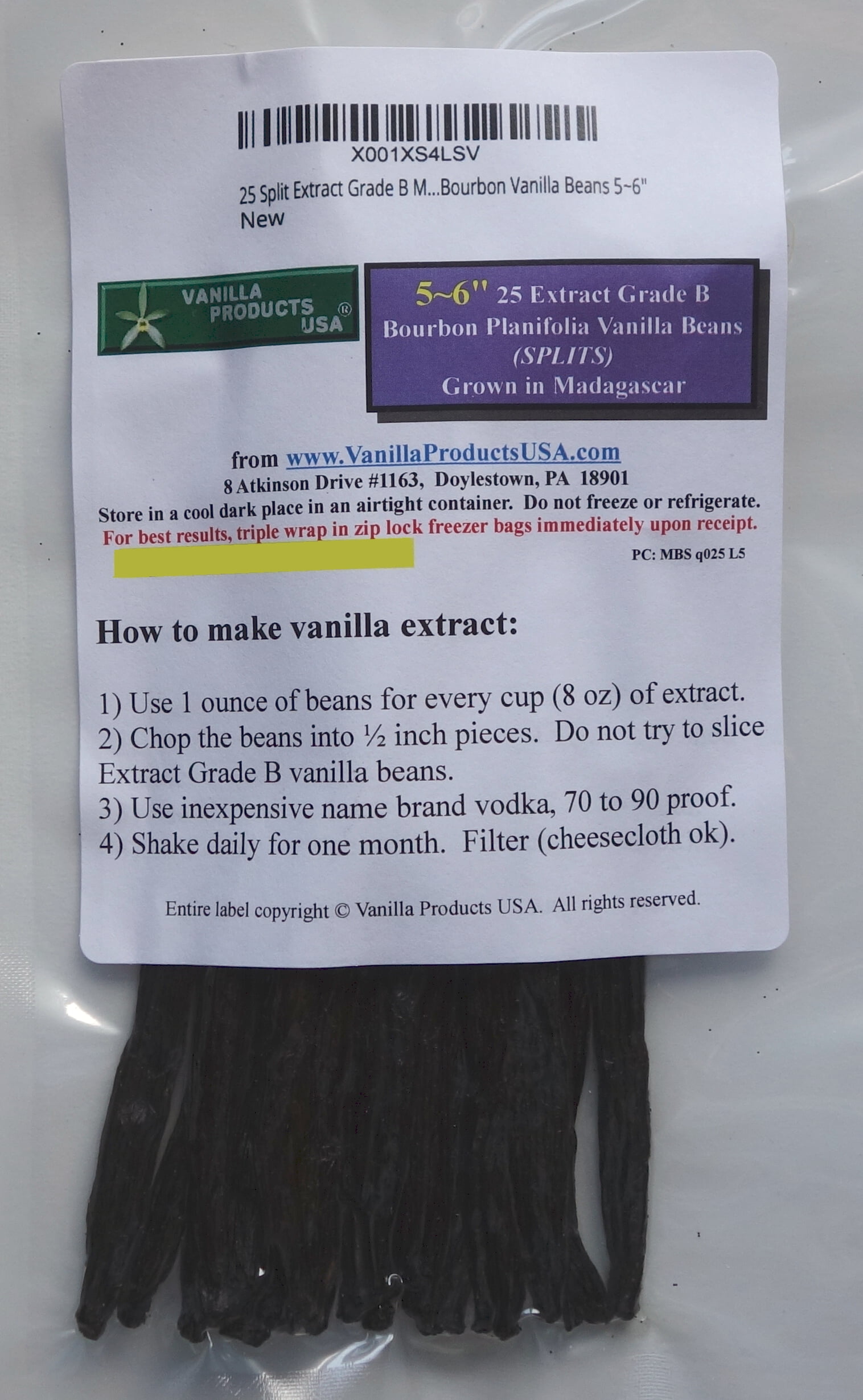 25 Split Extract Grade B Madagascar Bourbon Vanilla Beans 5~6' by Vanilla Products USA