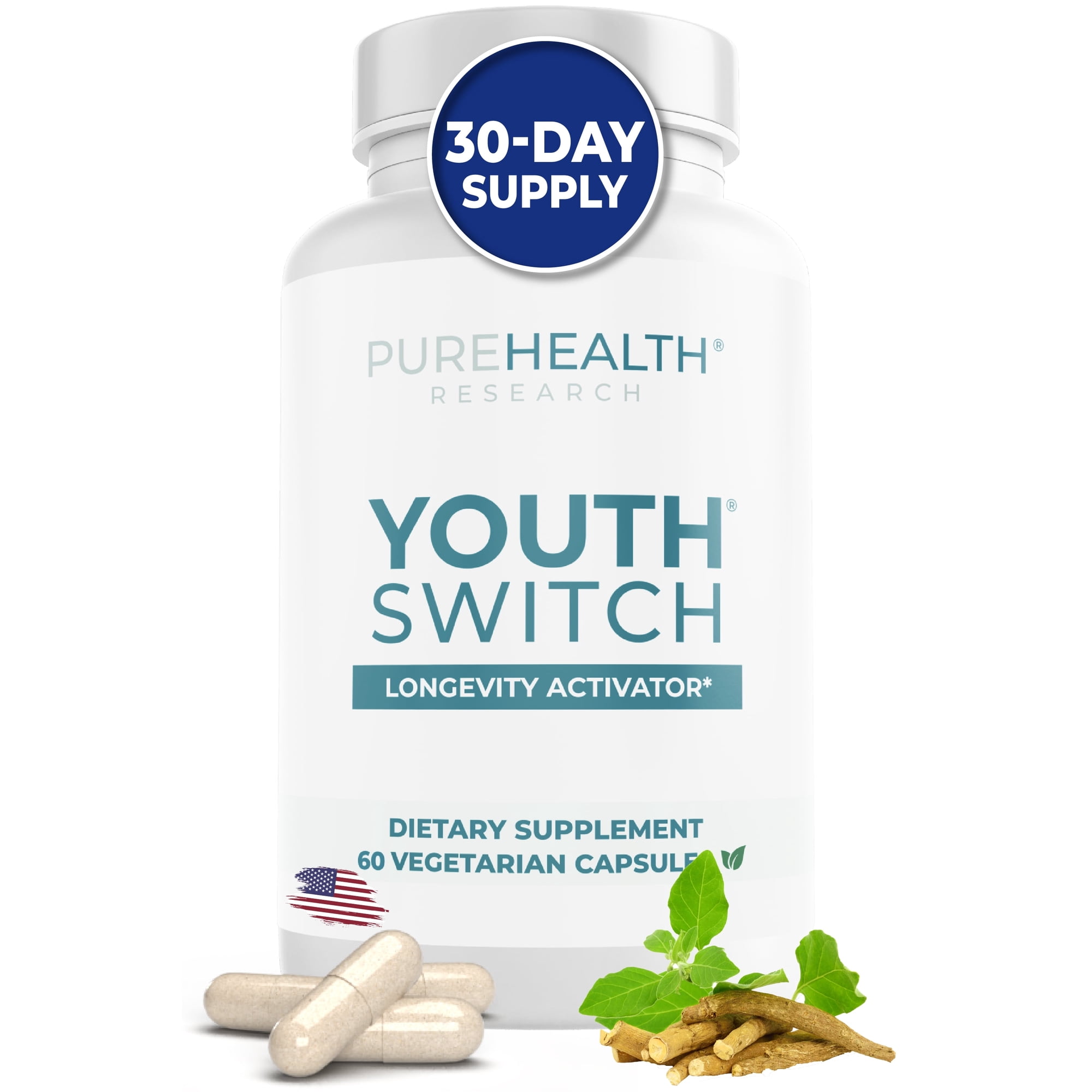 PUREHEALTH RESEARCH Youth Switch Formula, Longevity Supplement with Ashwagandha