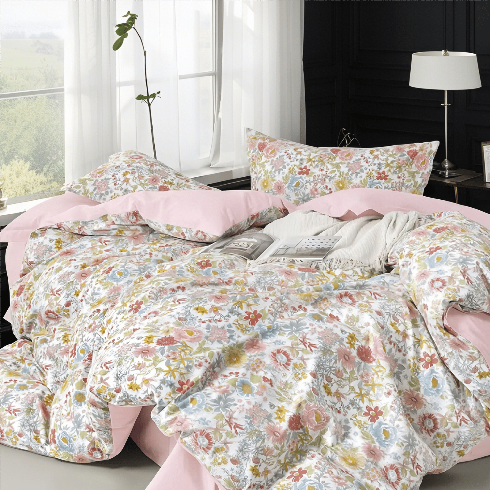 JOLUSERE 100% Organic Cotton Duvet Cover Sets King Size, 3 Pieces Colorful Pink Floral Reversible Soft Bedding Sets