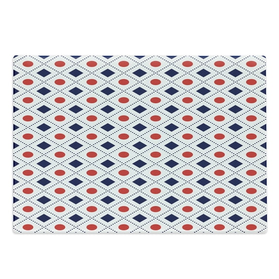 Abstract Cutting Board, Big Red Dots Squares and Dashed Lines Geometric Tile Print, Decorative Tempered Glass Cutting and Serving Board, Large Size, Navy Blue White Red, by Ambesonne