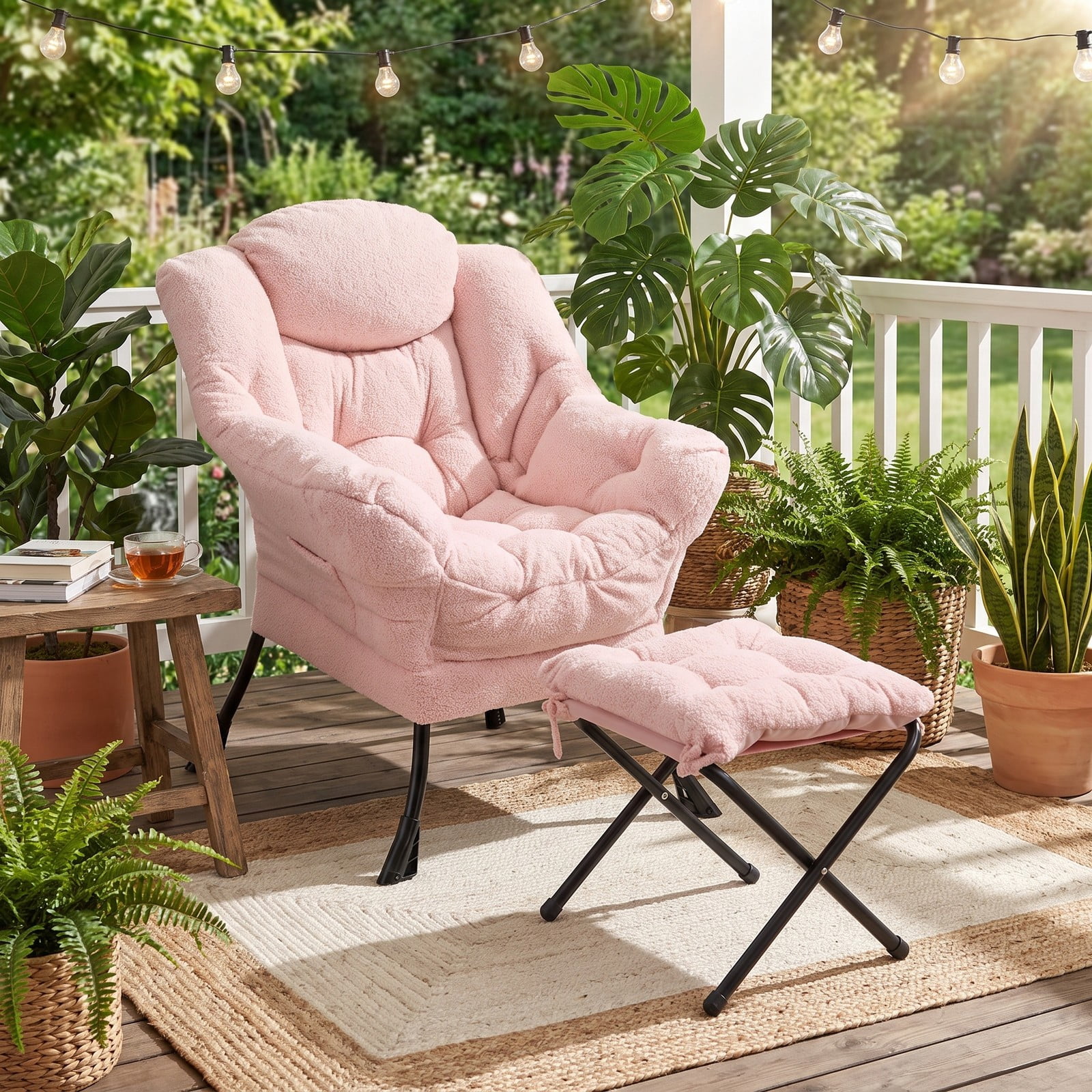 Furnibear Modern Accent Chair with Folding Footrest and Head Pillow, Sherpa Upholstered Ergonomic Living Room Lounge Armchair with Ottoman, Side Pocket and, Pink
