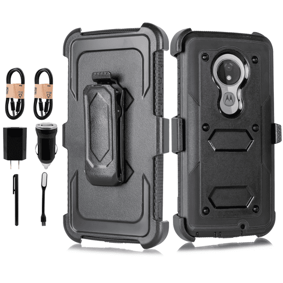 Value Pack for 6.2" Motorola Moto G7 Combo Holster Screen Protector Kickstand Buit in Screen Daul Layer Rugged Hard Back Shockproof Resistant Belt Clip Heavy Duty Armor Bumper Phone Case   [Black]