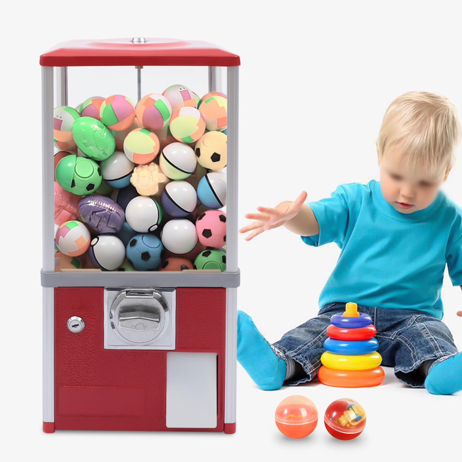 Gumball Machine,Vending Machines for Business,1.77-1.97Inch Ball Diameter,800 Coin Bank Capacity,4 25 Cent Coins,Vending Machine for Selling Capsule Toys Candies (Red)