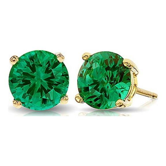24k Yellow Gold Plated 2 Cttw Emerald Round Stud Earrings